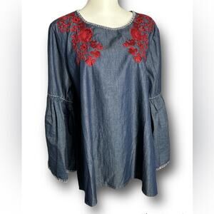 B boutique by evergreen denim red floral boho embroidered blouse large